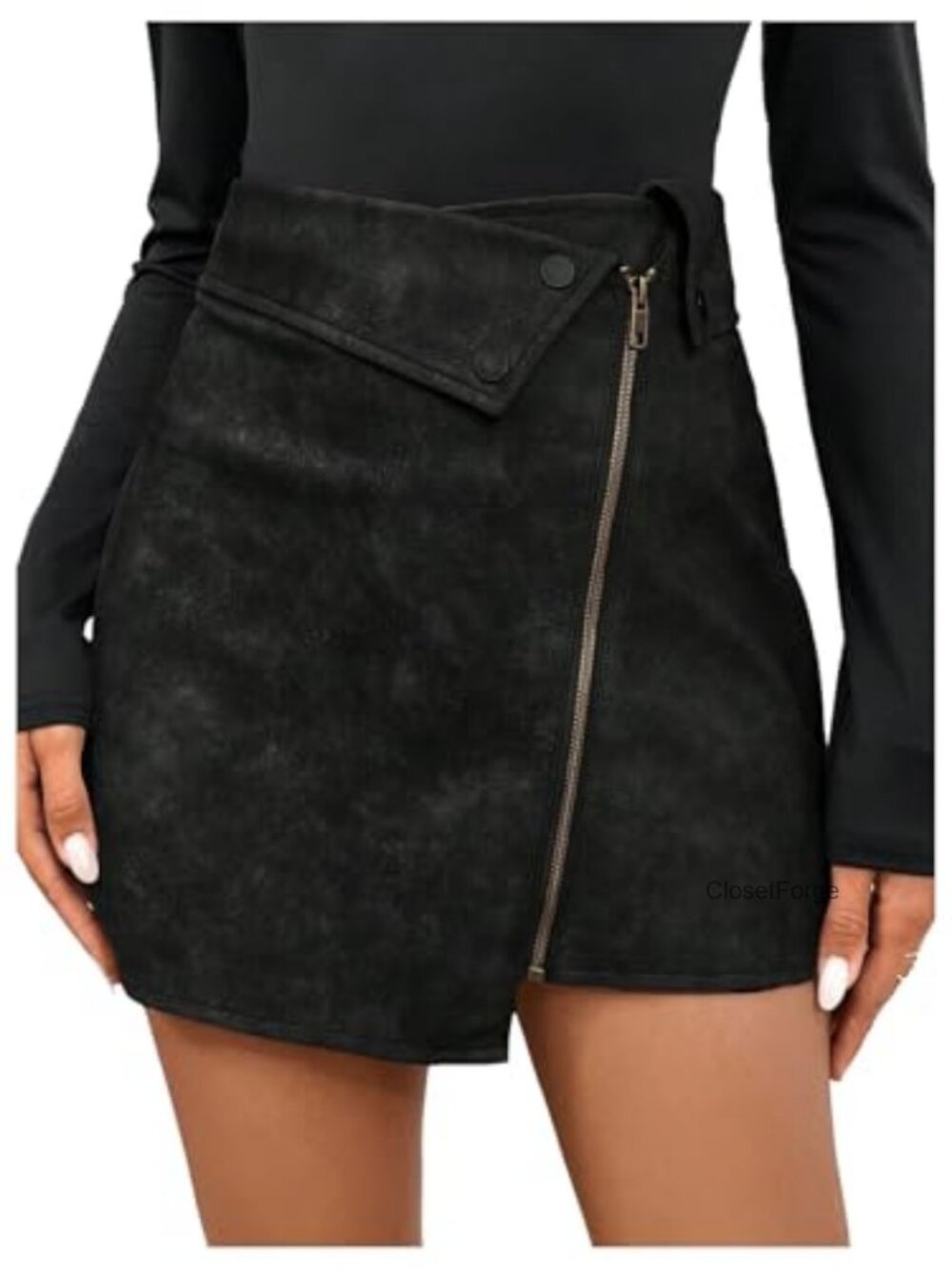 Women's PU Leather Mini Skirt High Waist Asymmetrical Hem Zip Up